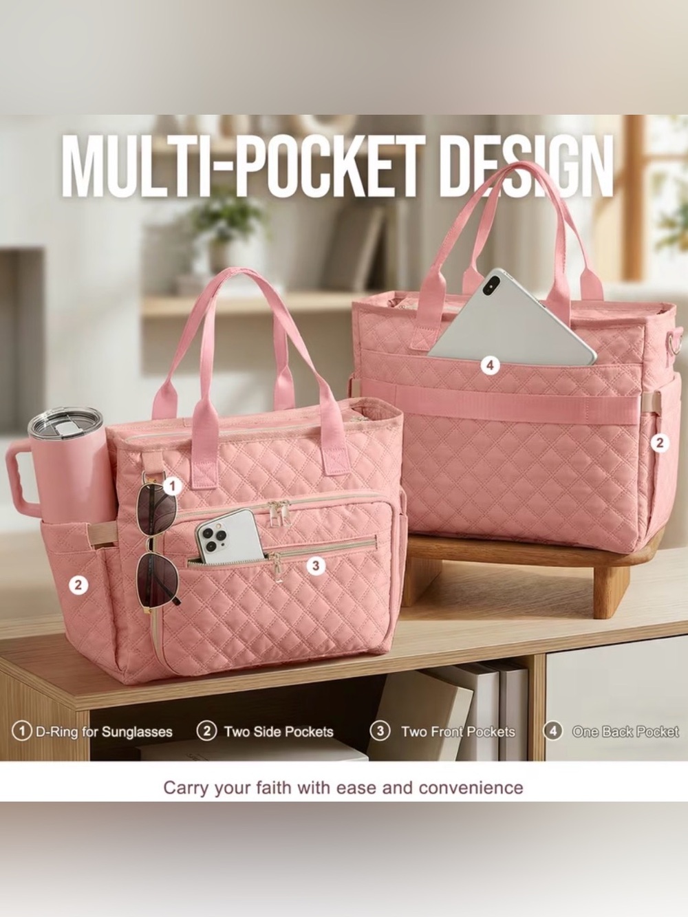Pink Quilted Laptop Tote Handbag/Book Bag/Sewing Bag - Picture 4 of 8